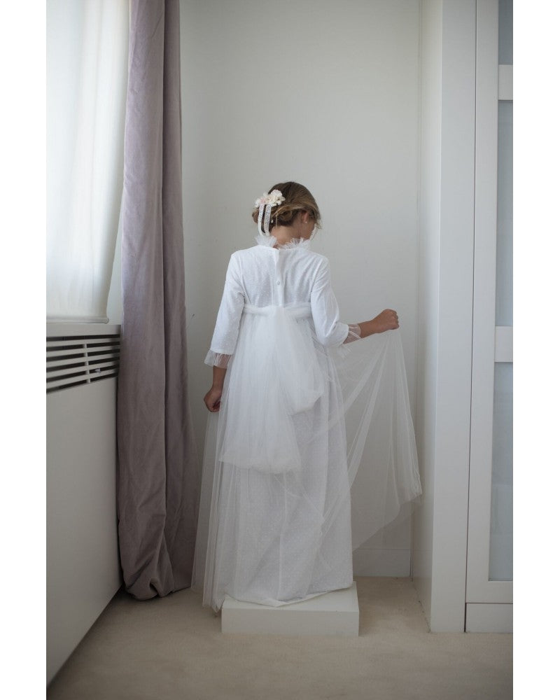 VESTIDO PLUMETI BEIGE TULL EN PUÑOS